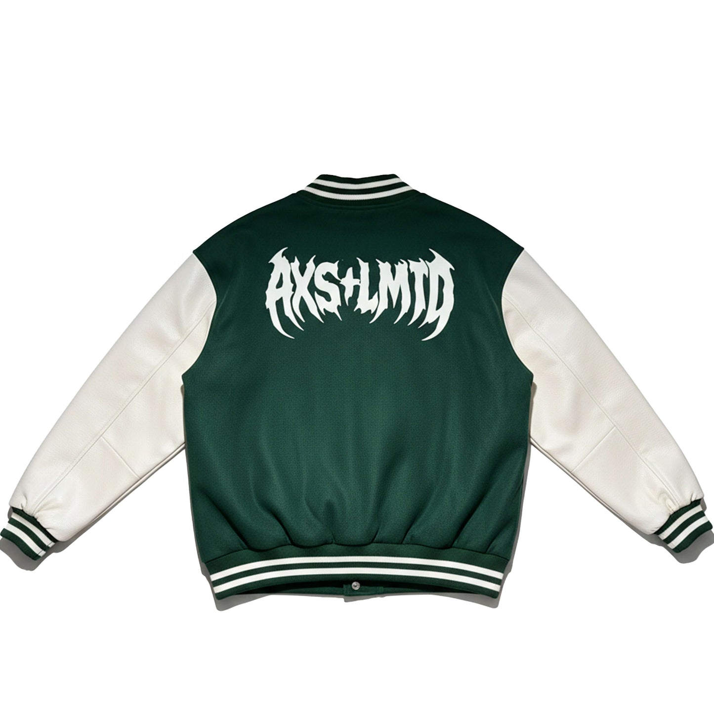 Back view of the Inner Peace Varsity Letterman Jacket featuring a green body and off-white faux leather sleeves.