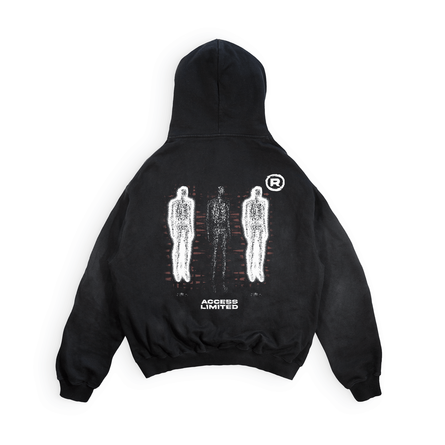 Power-Luxury Heavyweight Hoodie featuring bold graphic design from Access Limited on black fabric.