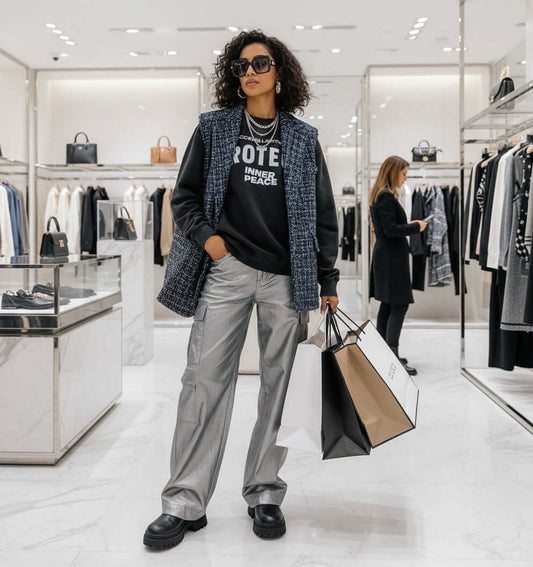 Model wearing Stones Luxury Distressed Sweatshirt with bold lettering in a stylish retail store.