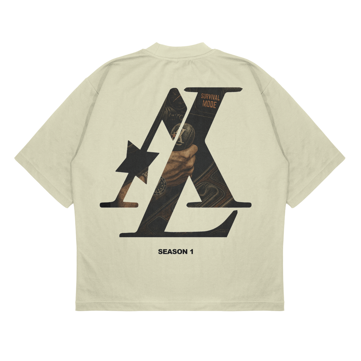 Beige t-shirt with black graphic design on the back on a white background