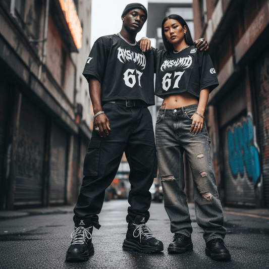 AXS+LMTD "67"- CROPPED MESH JERSEY worn by models in urban streetwear style, showcasing luxury streetwear aesthetics.