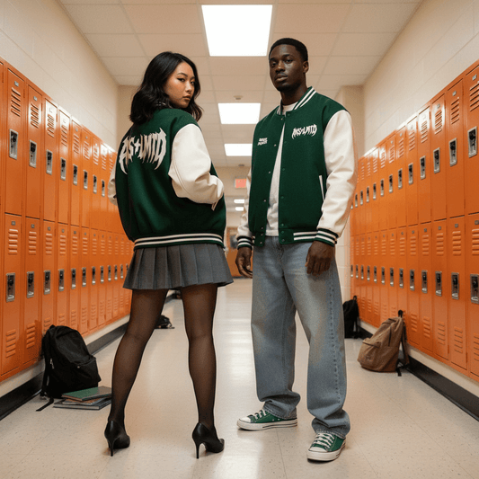 Inner Peace Varsity Letterman Jacket worn by models in a school hallway with orange lockers.