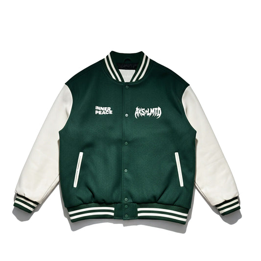 Inner Peace Varsity Letterman Jacket featuring deep forest green wool-blend and off-white faux leather sleeves.