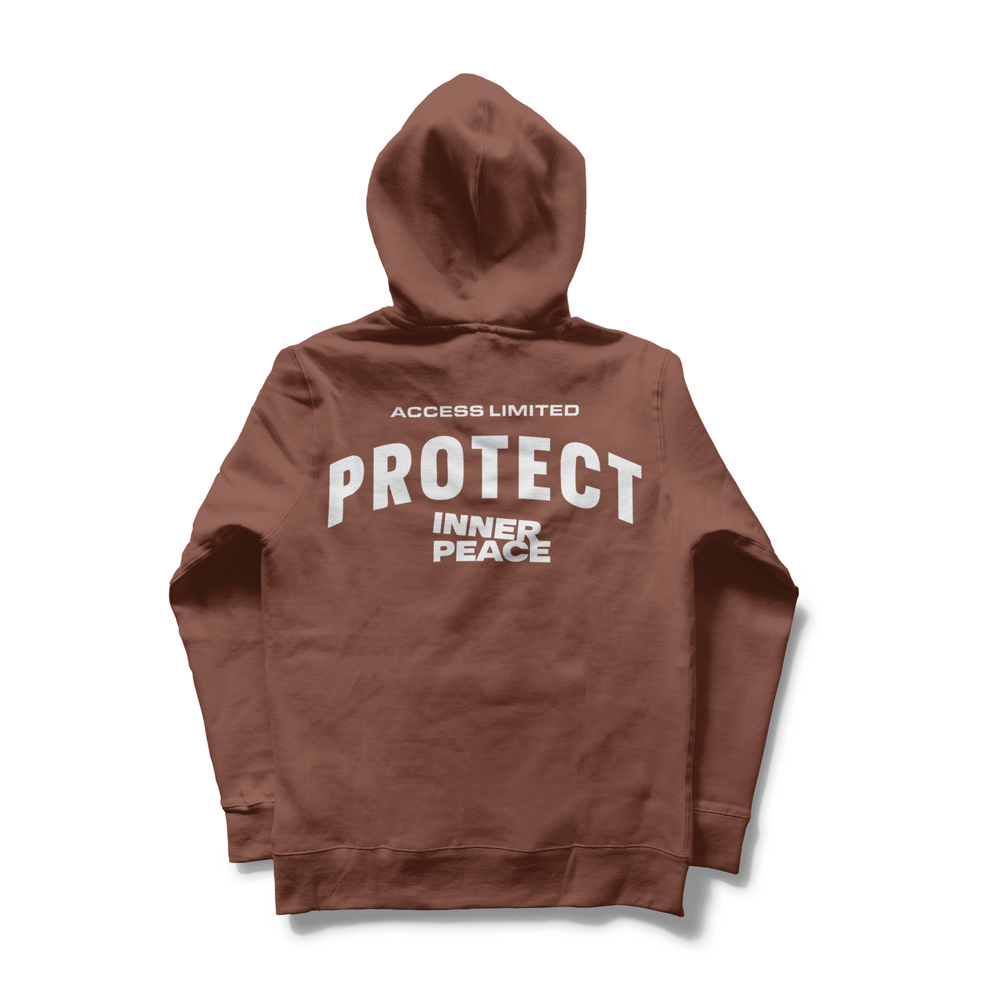 Brown hoodie with text on the back on a white background