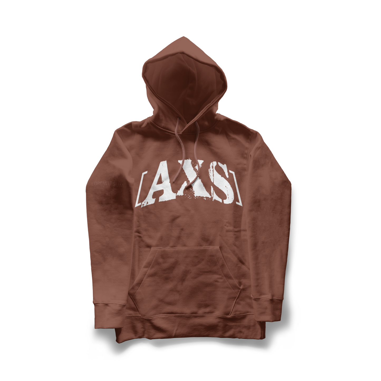 Brown hoodie with 'AXS' logo on a white background