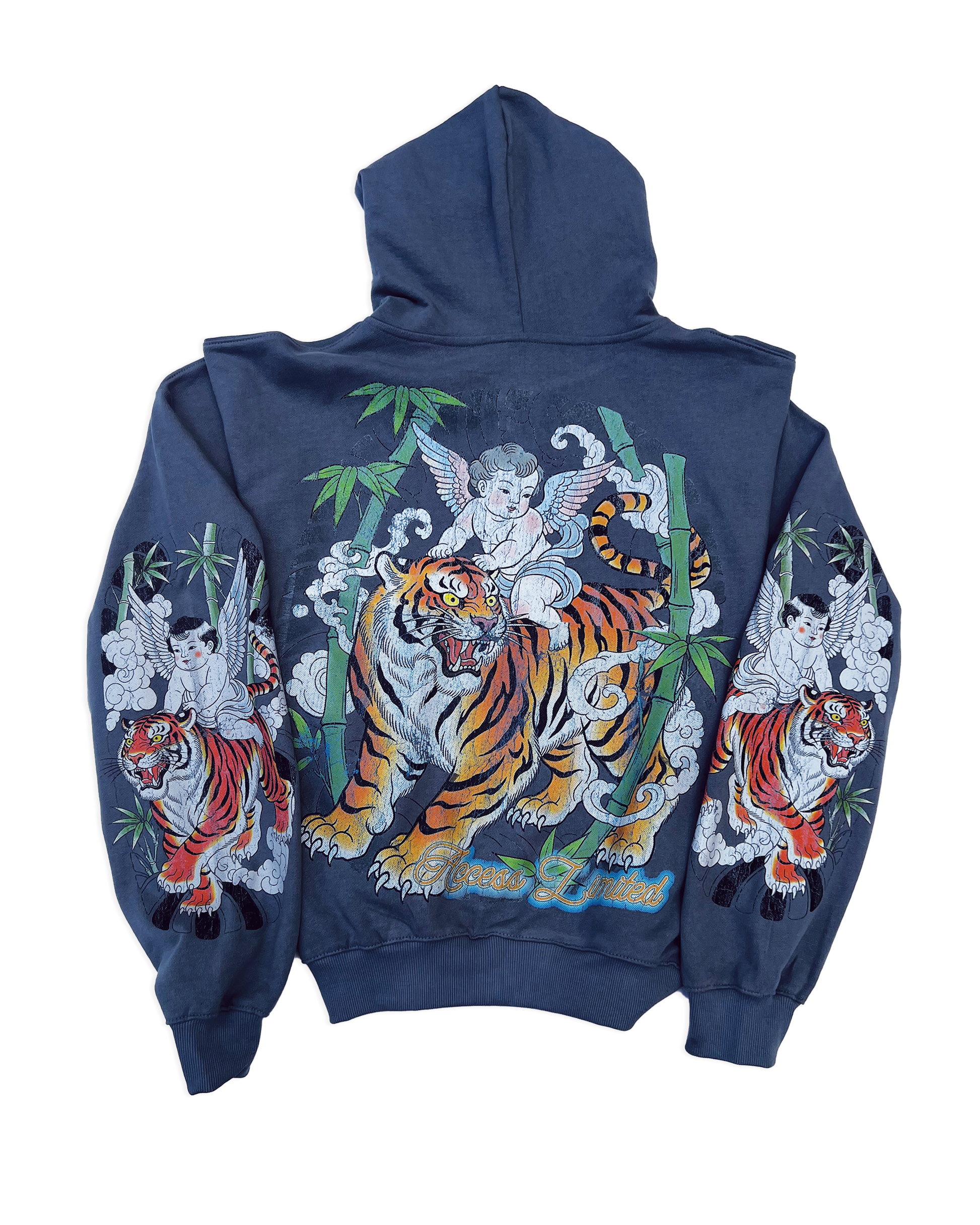 Heavyweight Drop Shoulder Full Zip Hoodie – “Tiger & Angels” Graphic Streetwear with vibrant tiger and angel design.