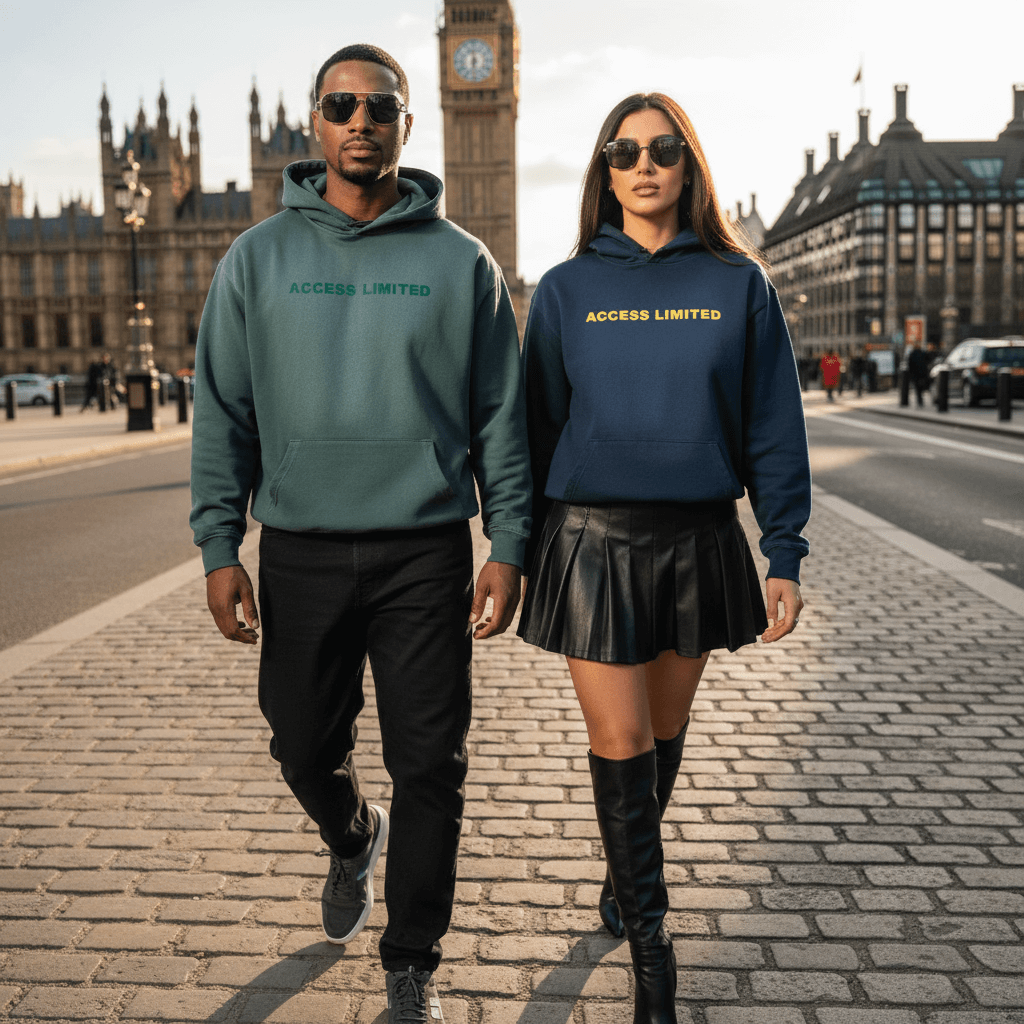 Gemstone luxury faded wash hoodie worn by models in urban setting, showcasing premium streetwear style and modern fashion.