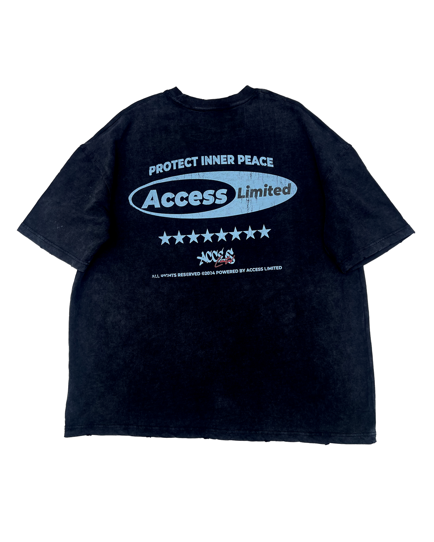The Bite “Protect Inner Peace” Graphic Tee featuring oversized slogan and Access Limited branding on back.