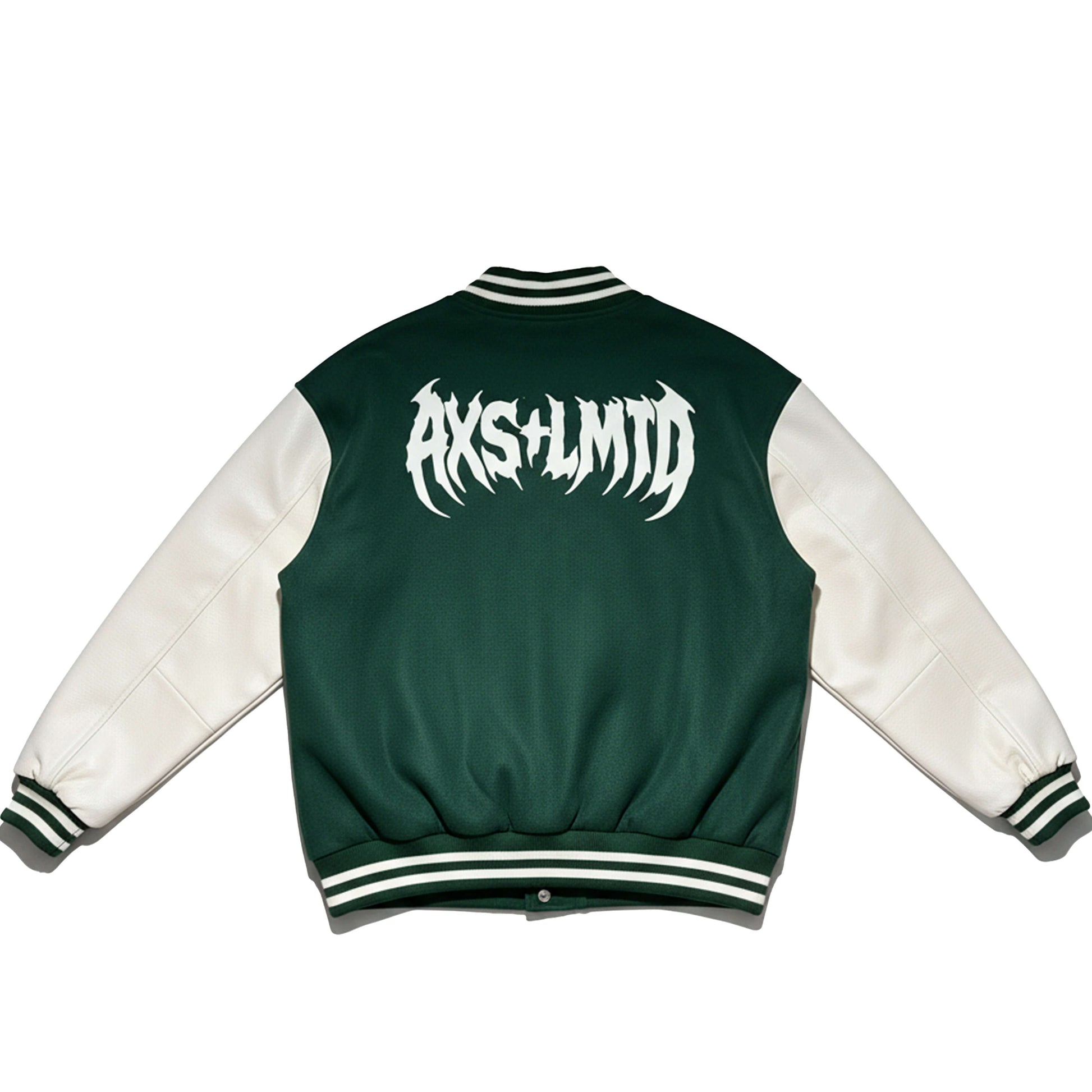 Back view of the Inner Peace Varsity Letterman Jacket featuring a green body and off-white faux leather sleeves.