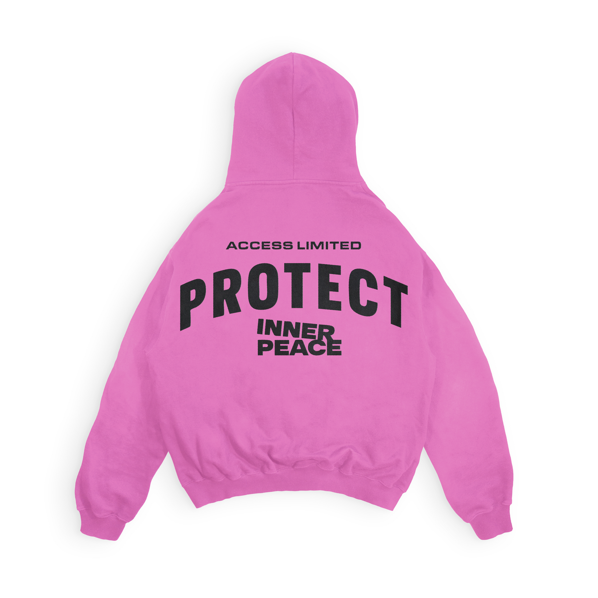 Pink hoodie with Access Limited Protect inner peace on the back on a white background