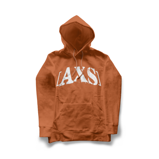 Brown hoodie with 'AXS' logo on a white background