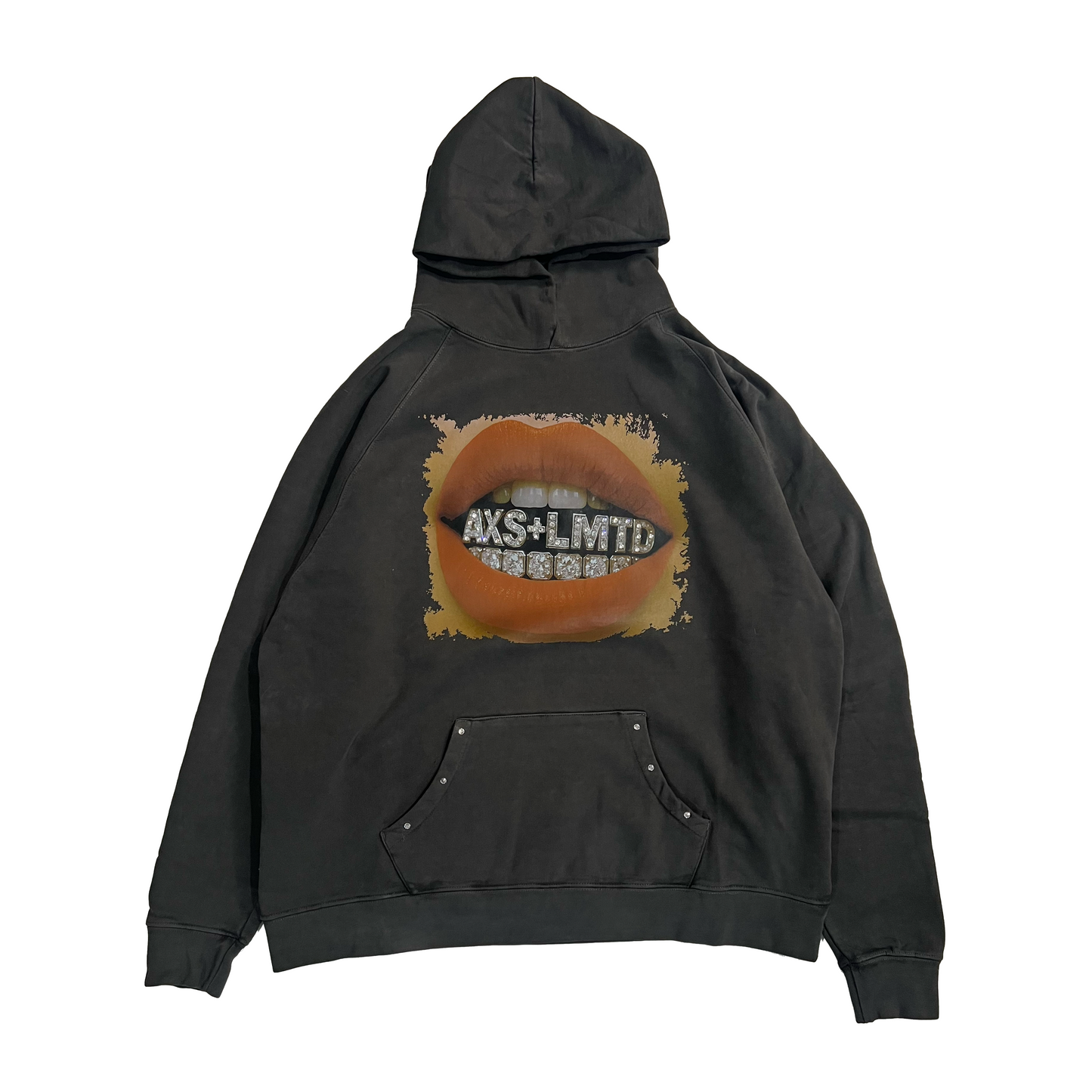 Black hoodie with a graphic design on the back against a white background