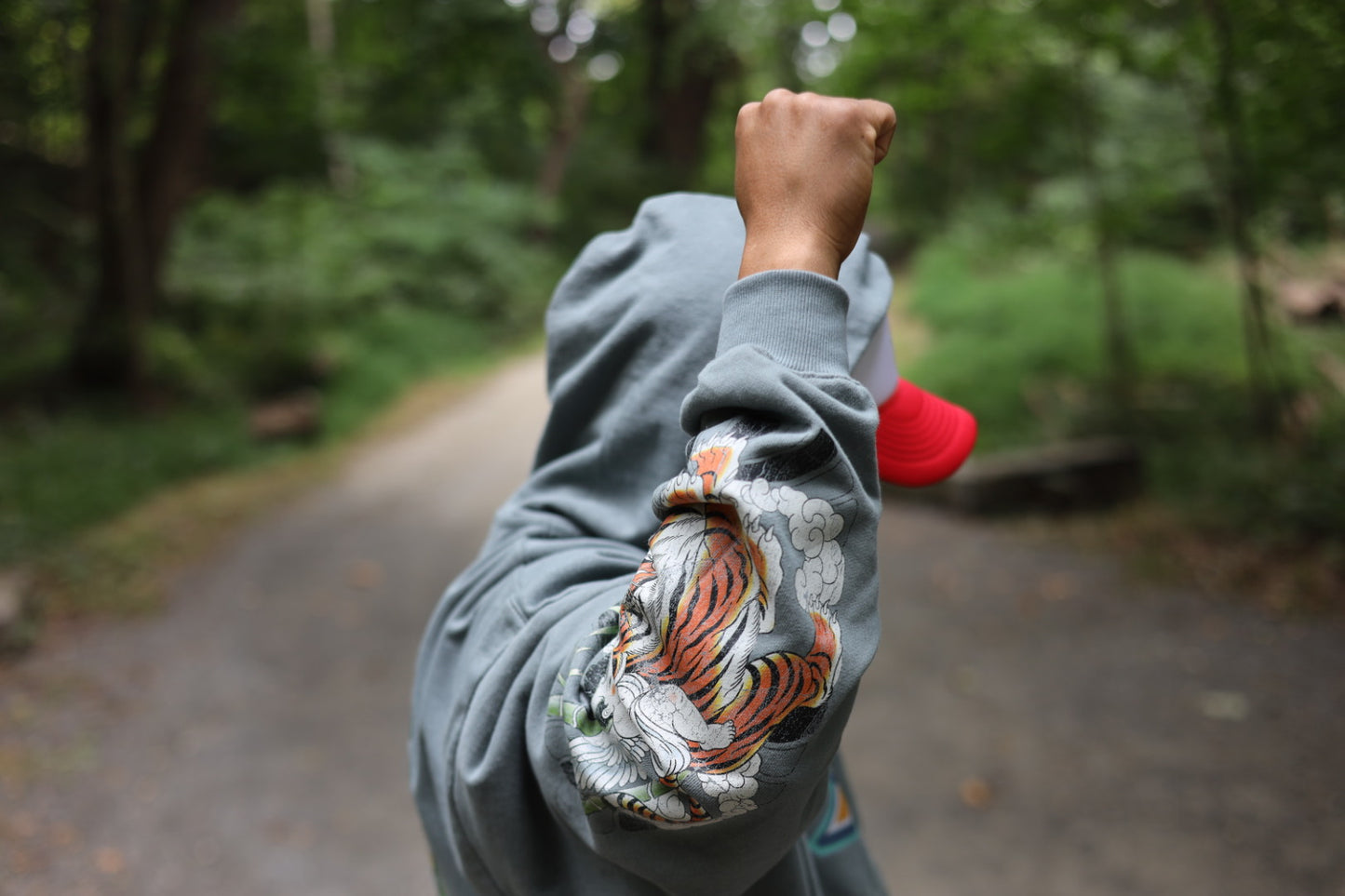 Heavyweight Drop Shoulder Full Zip Hoodie – “Tiger & Angels” Graphic Streetwear with tiger graphic on sleeve.