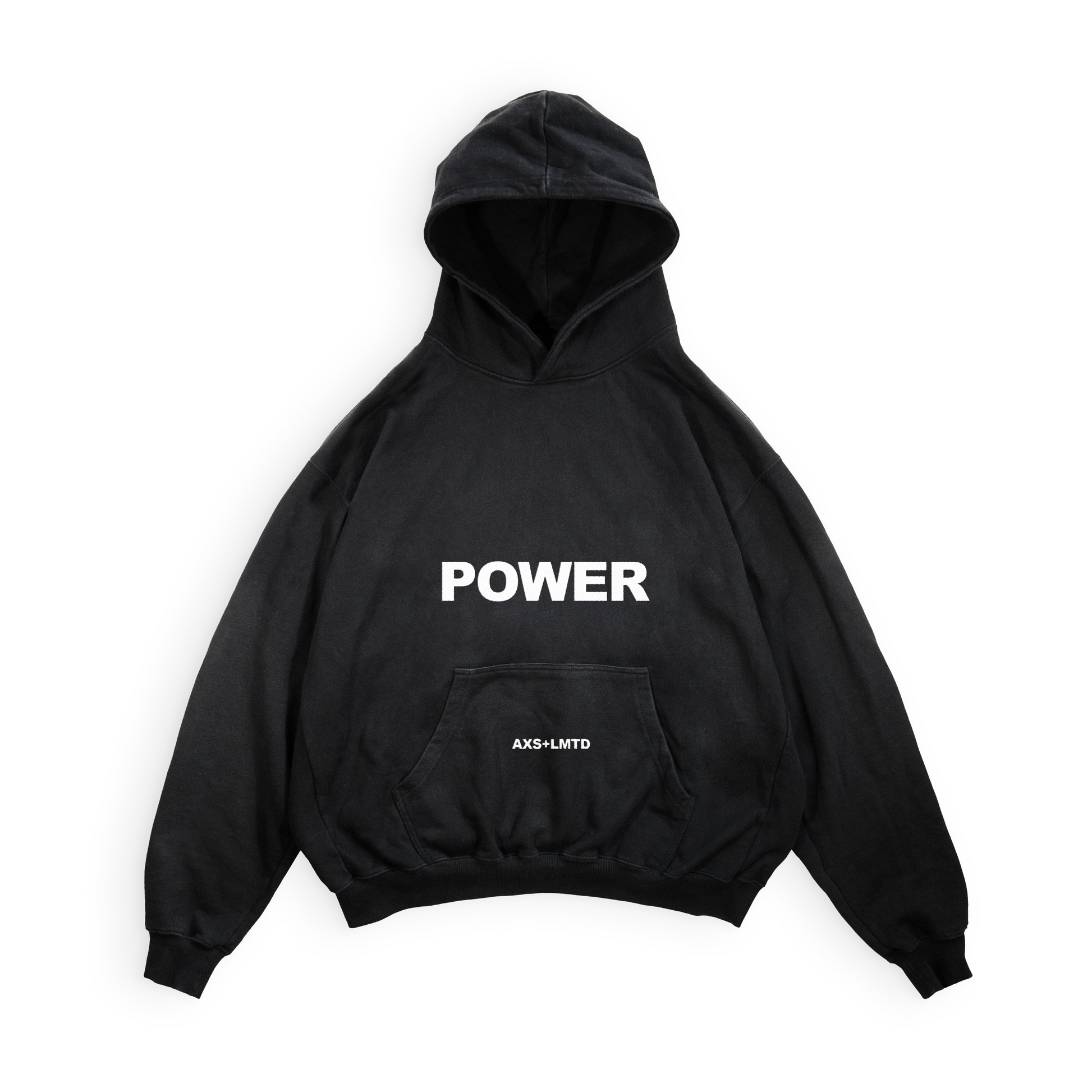 Black hoodie with 'POWER' printed on it against a white background