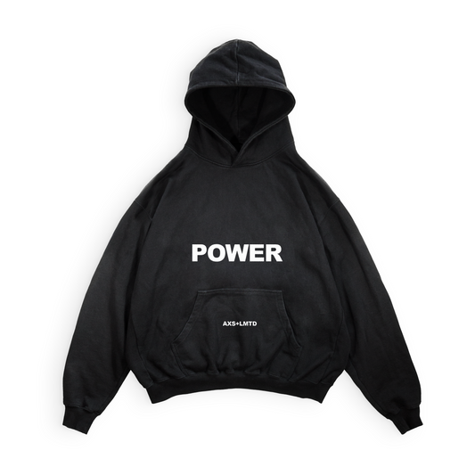 Black hoodie with 'POWER' printed on it against a white background