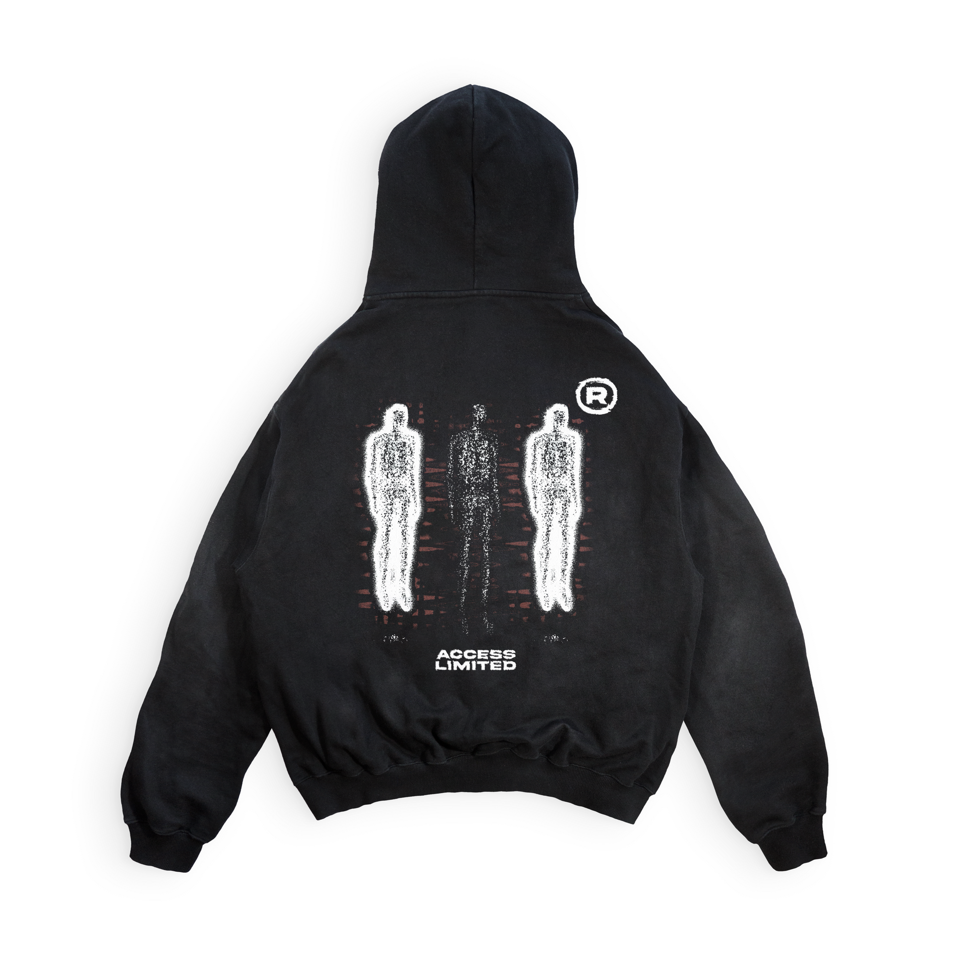 Black hoodie with white graphic design on the back on a white background