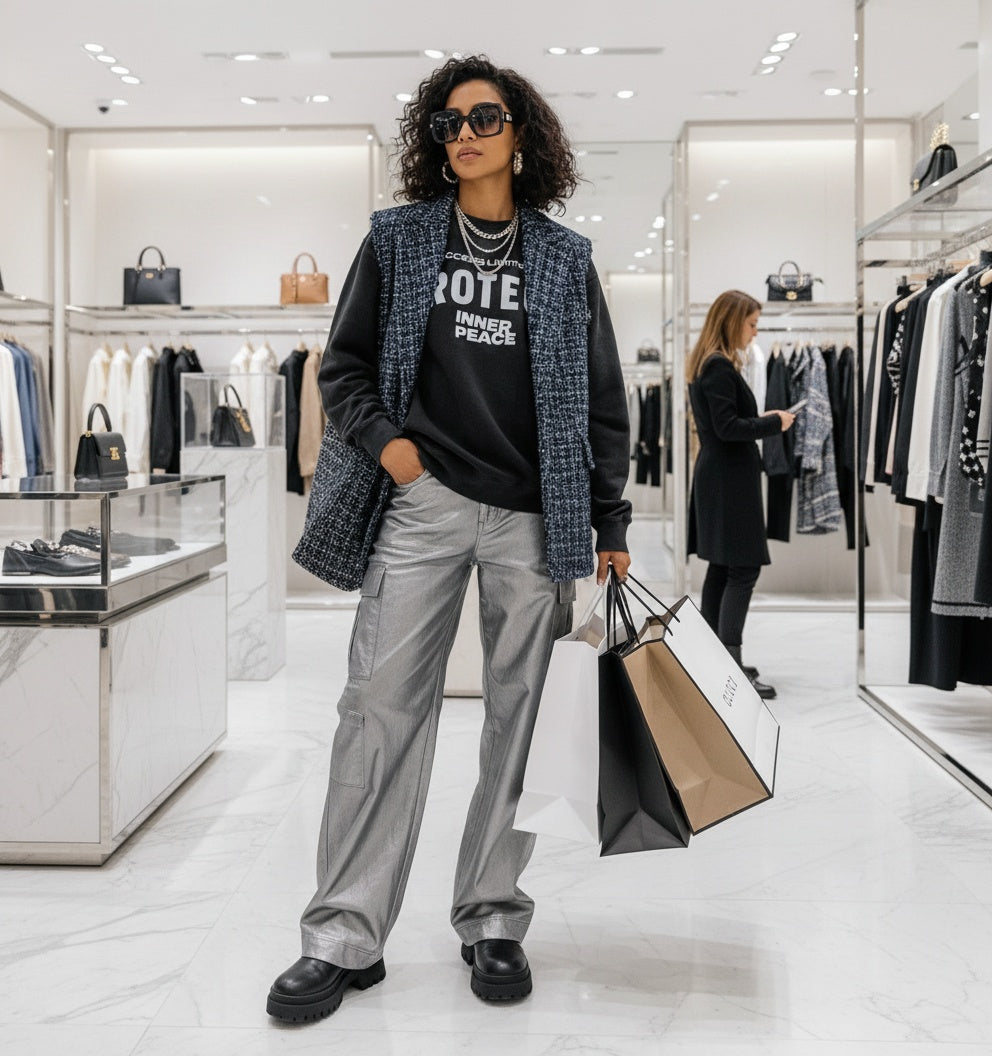 Woman shopping in a clothing store holding bags and wearing a 'Access Limited' shirt.