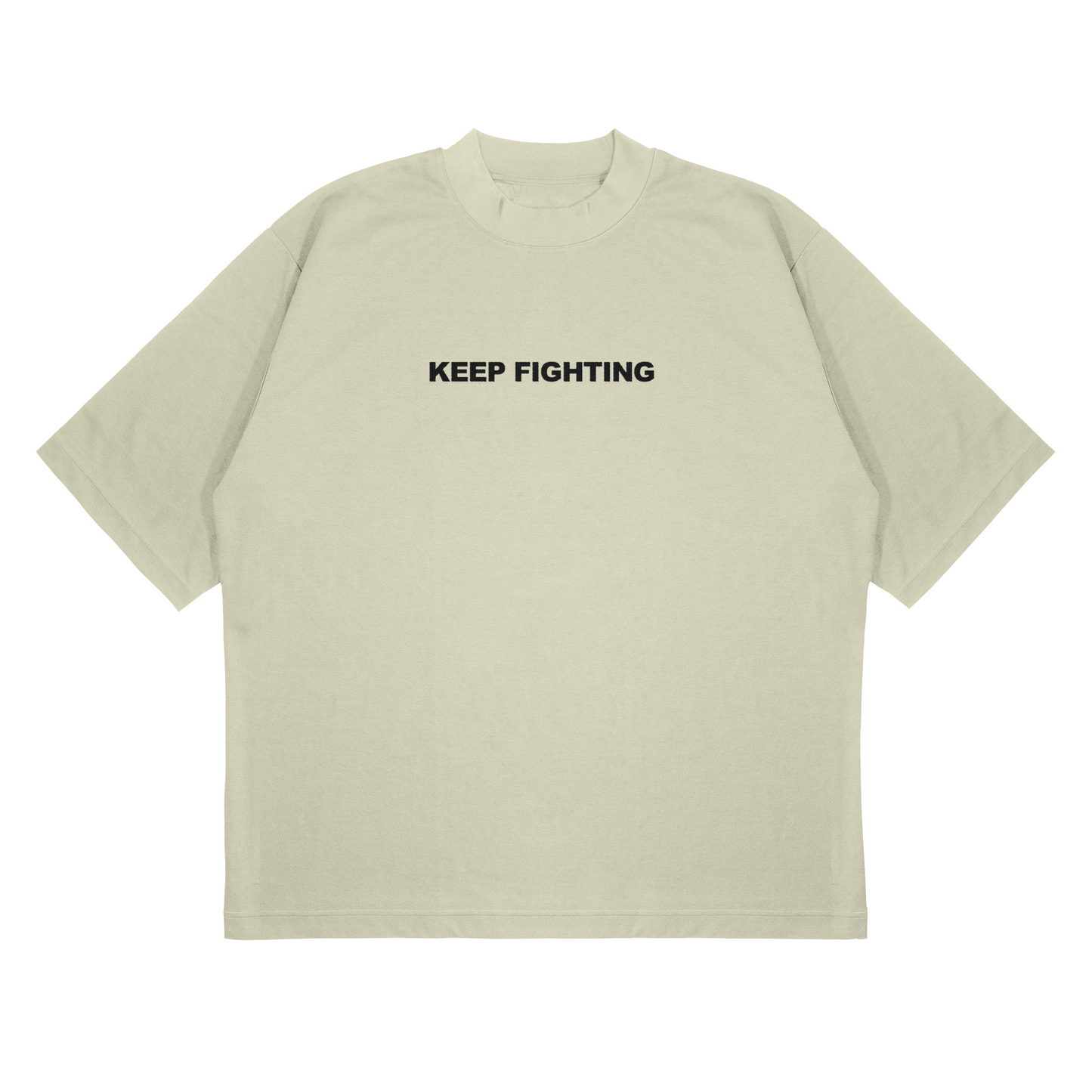 Beige t-shirt with 'KEEP FIGHTING' text on a white background