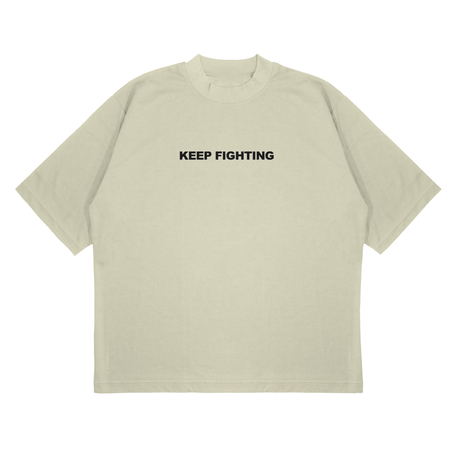 Beige t-shirt with 'KEEP FIGHTING' text on a white background