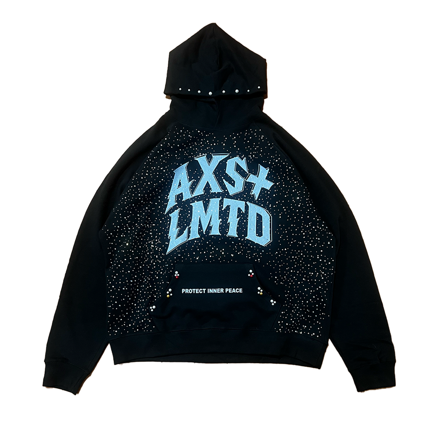 Black hoodie with blue text and white embellishments on a white background