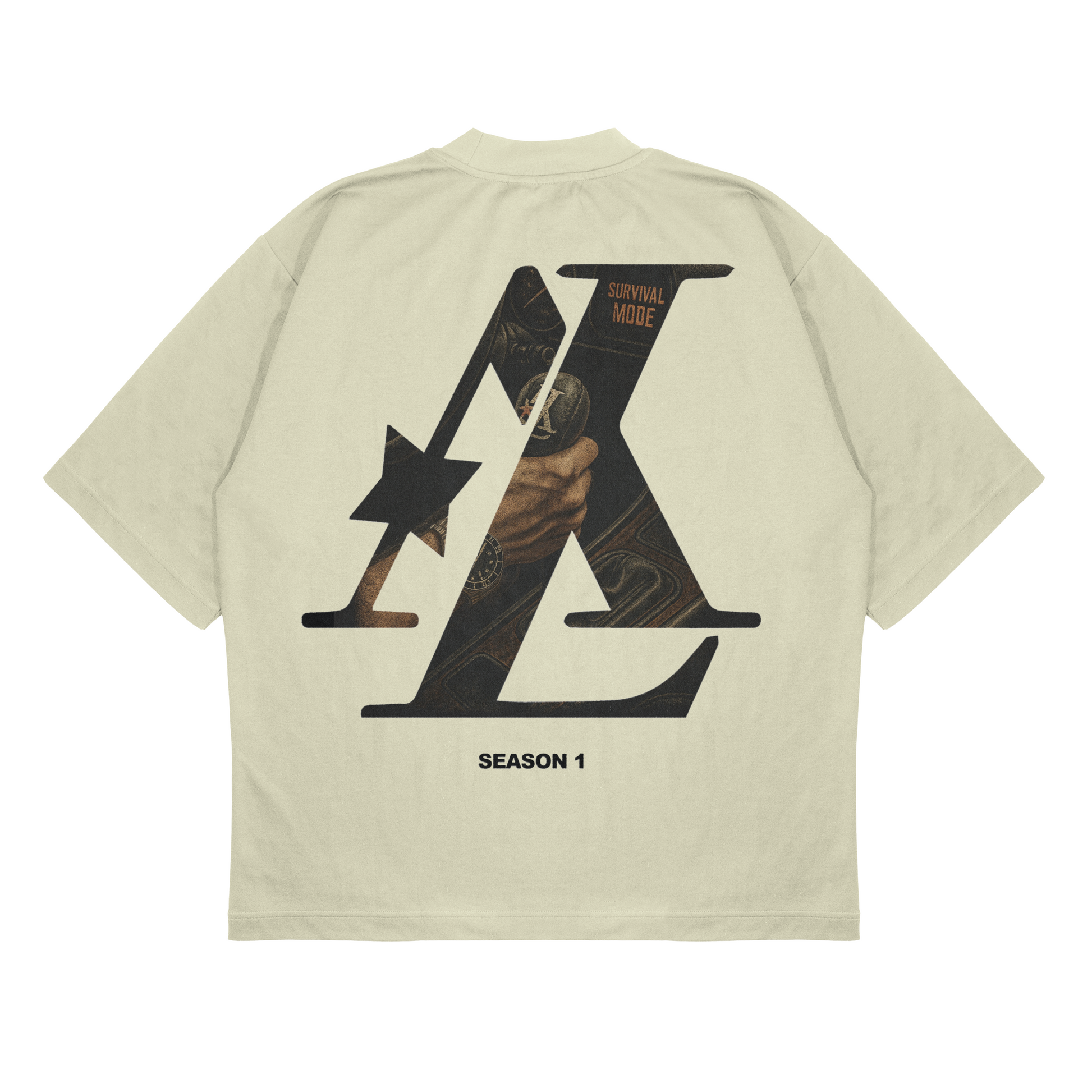 Beige t-shirt with black graphic design on the back on a white background