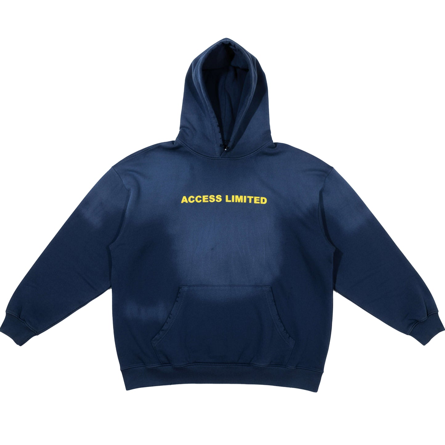 Gemstone luxury faded wash hoodie in deep navy with yellow ACCESS LIMITED text, showcasing premium streetwear style.