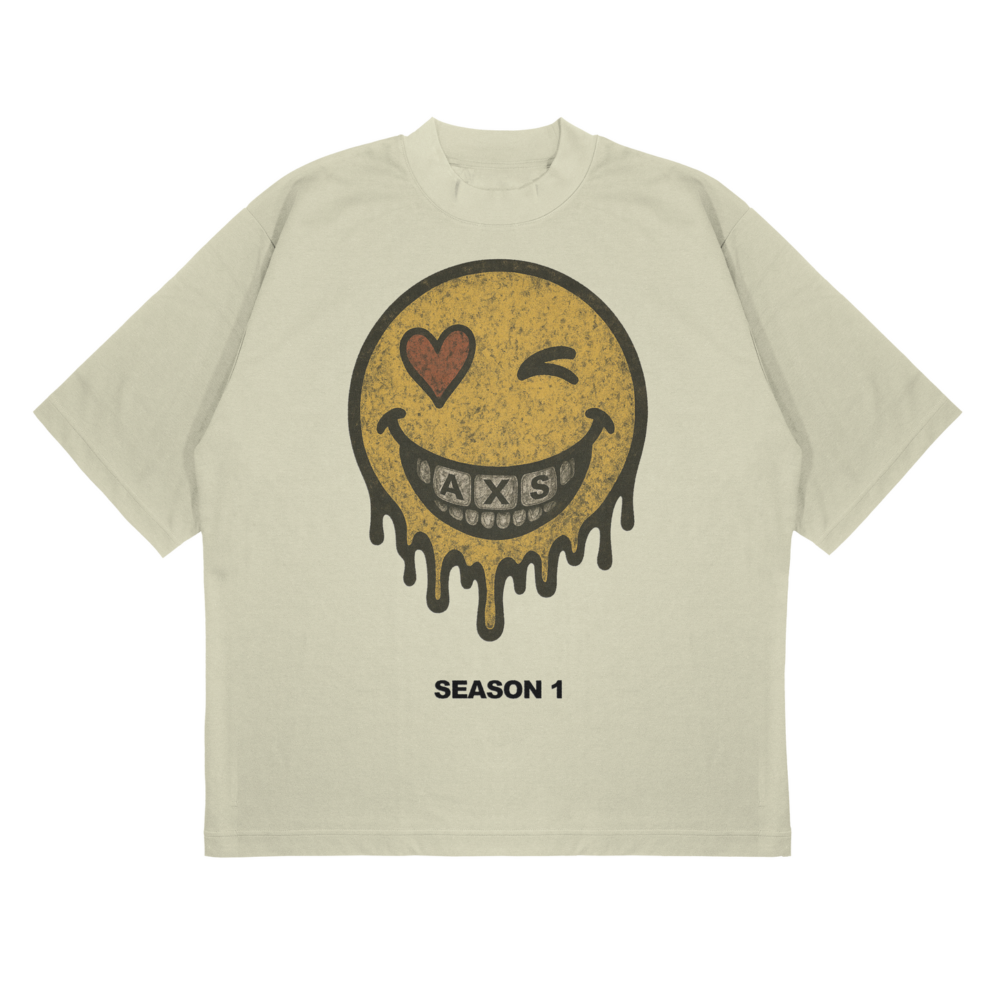 Beige t-shirt with a smiley face graphic and 'SEASON 1' text on a white background