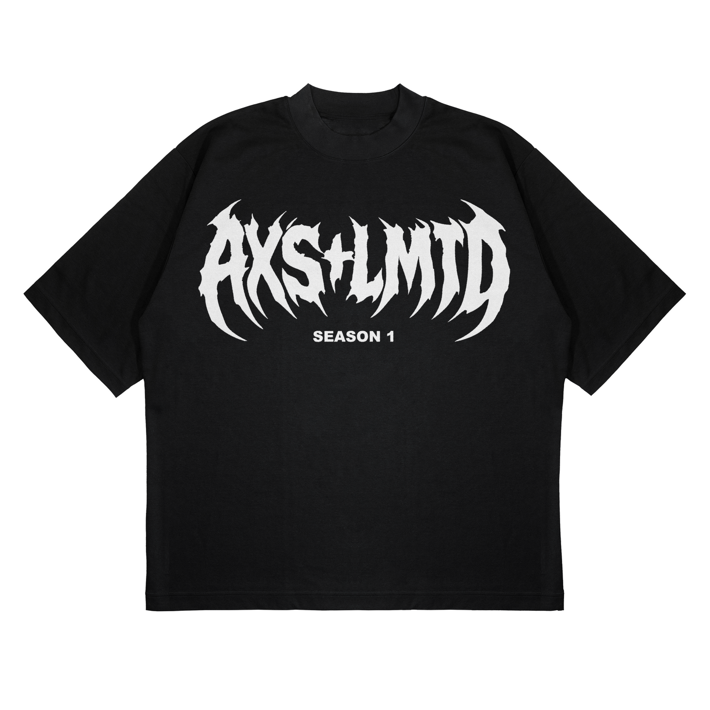 Black t-shirt with white 'AXS+LMTD' logo on a white background