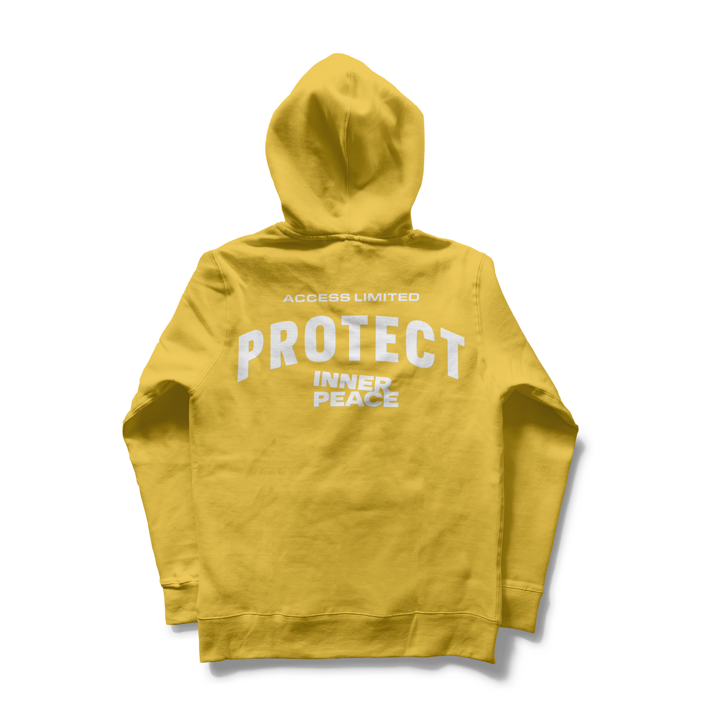 Yellow hoodie with text on the back on a white background