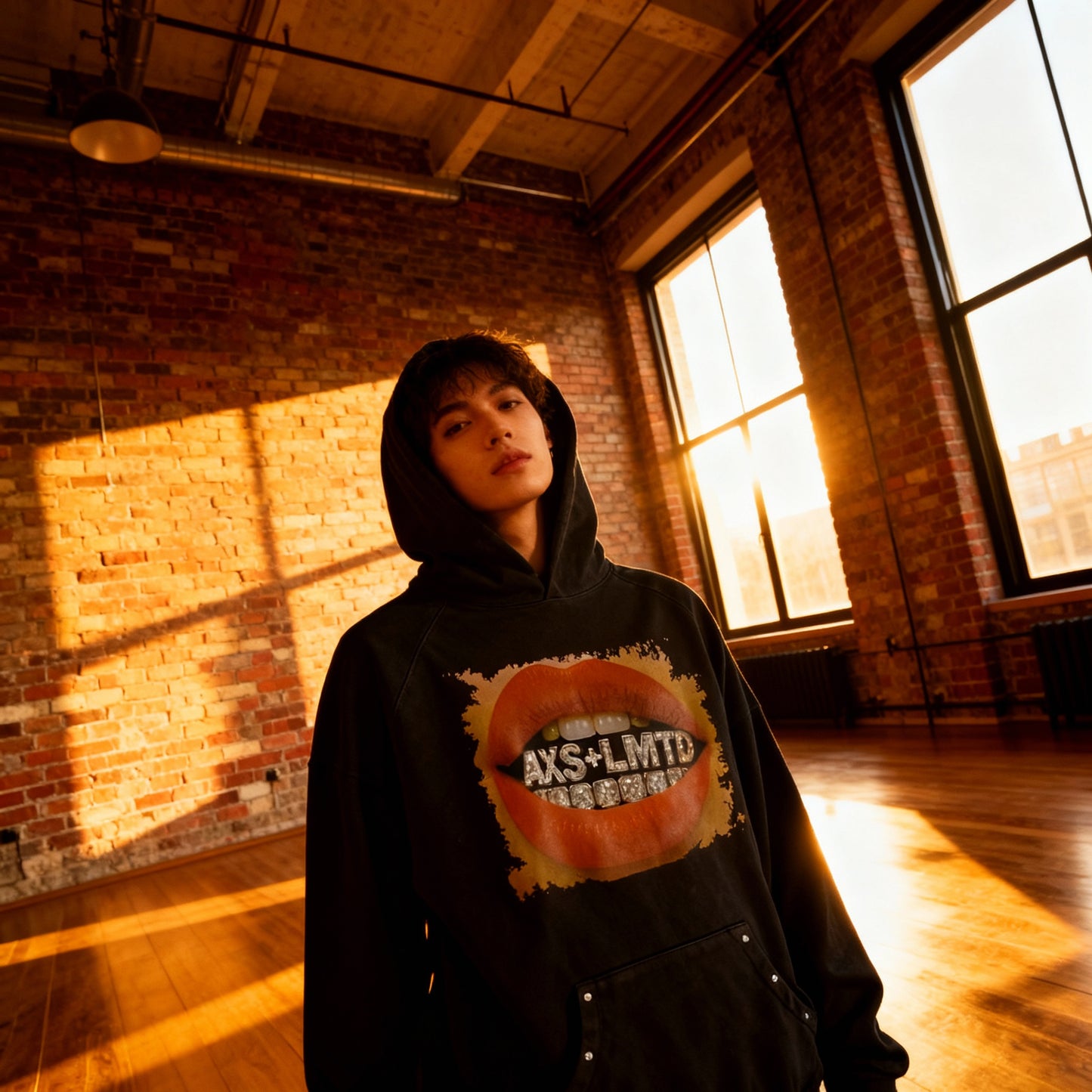 Person wearing a hoodie with a graphic design in a sunlit room with brick walls.