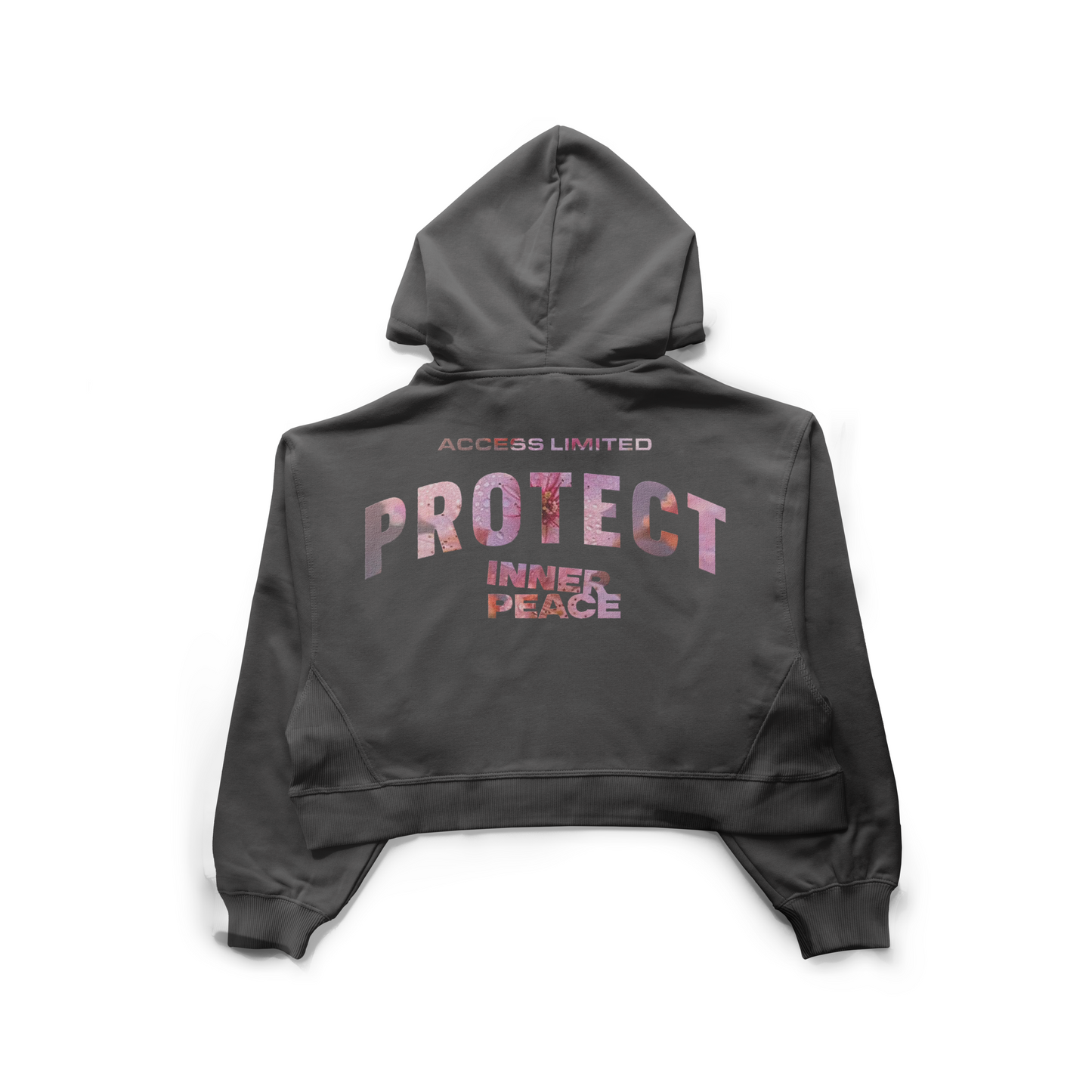 Gray hoodie with 'Protect Inner Peace' text on the back against a white background