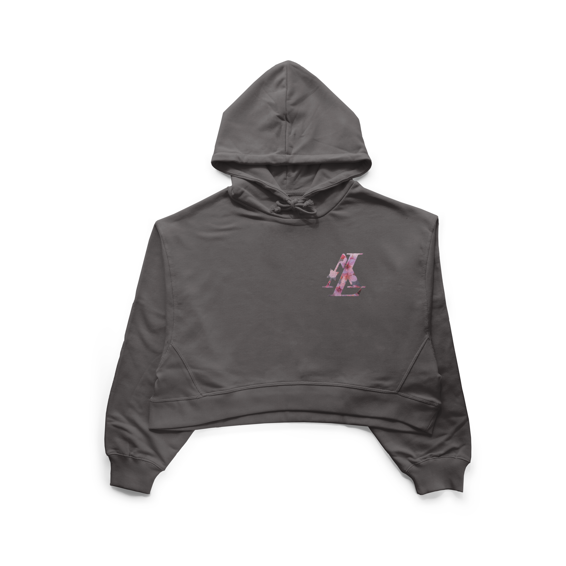 Gray hoodie with a small logo on the chest against a white background