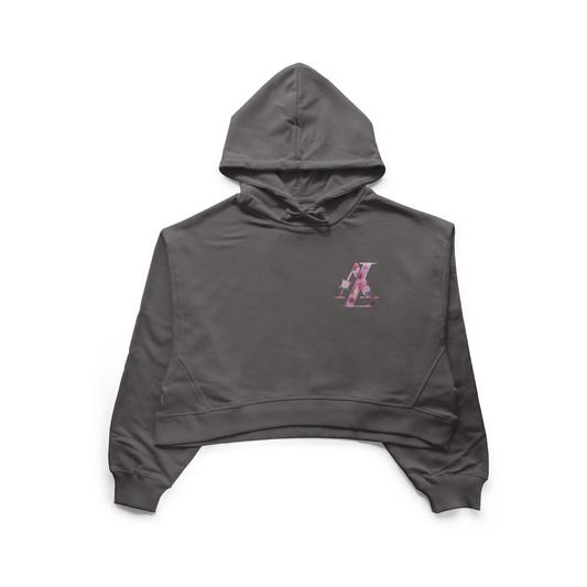 Gray hoodie with a small logo on the chest against a white background