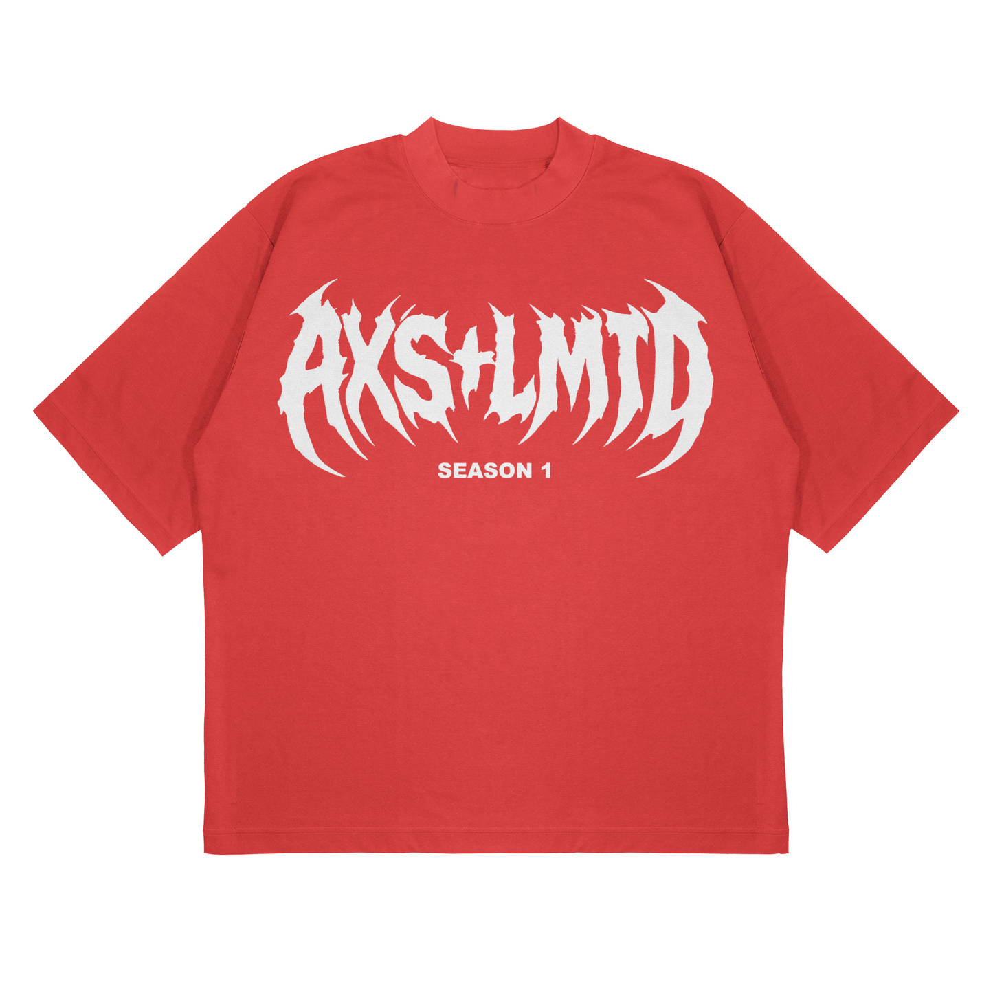 Red t-shirt with white graphic design on a white background