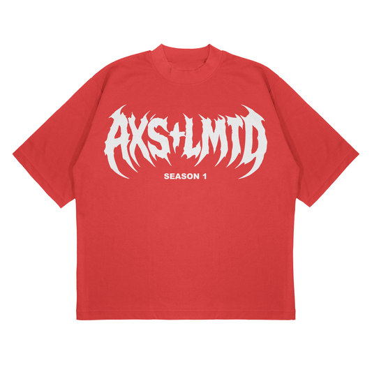 Red t-shirt with white graphic design on a white background